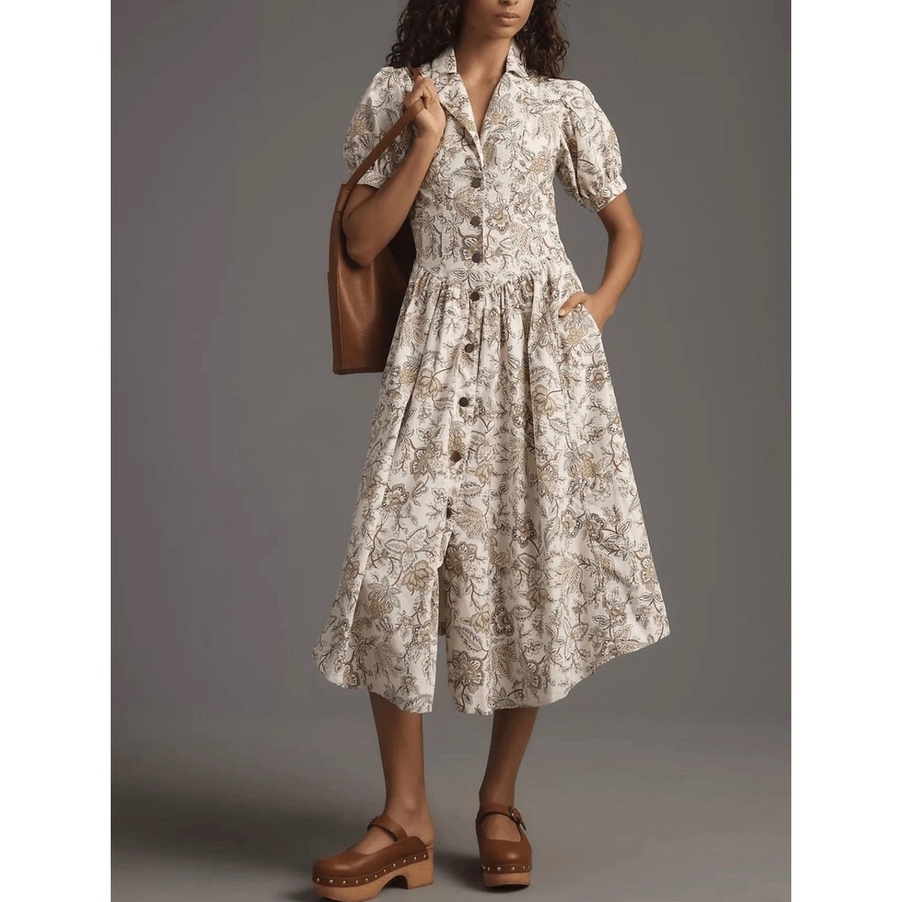 Pilcro Corduroy Floral Midi Dress Women 14 Cream Tan Button Front Puff Sleeve